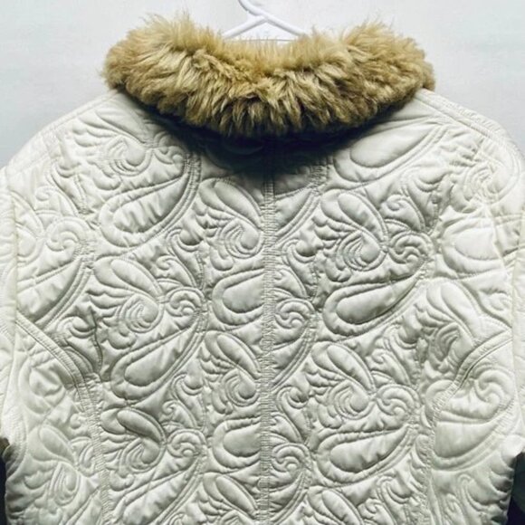 Coldwater Creek Jacket Women's 1X Cream Paisley Faux Fur Exclusive Deco Coat EUC - Picture 10 of 15
